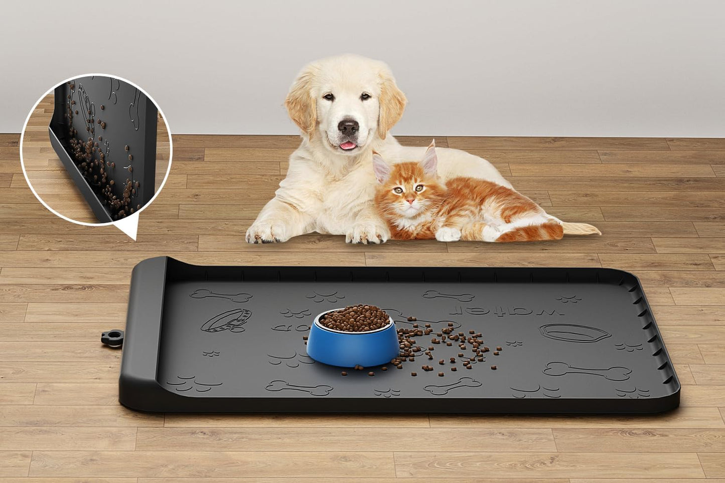Dog Food Mat - Silicone Dog Mat for Food and Water - 28" x 20" Pet Feeding Mats with Residue Collection Pocket - Waterproof Dog Cat Bowl Mat with High Edges to Prevent Water Food Spills (Black)