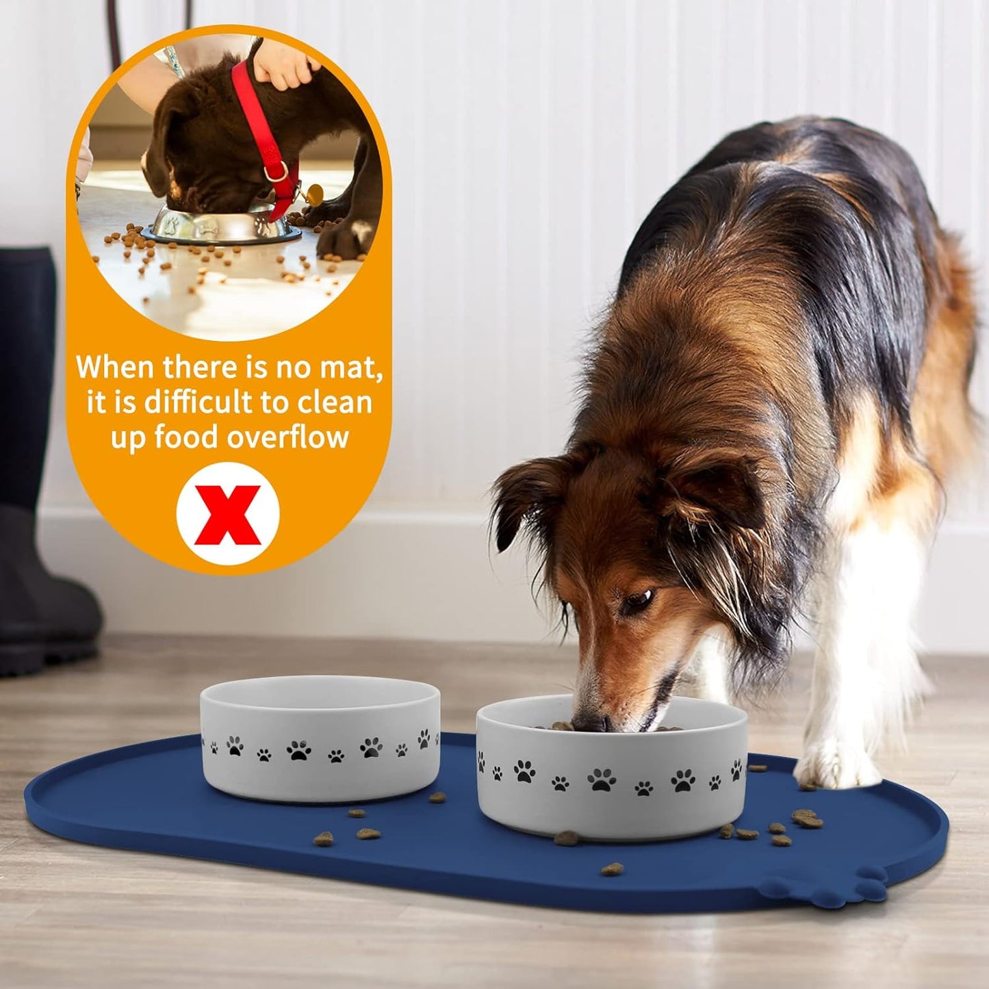 KPWACD Pet Placemat for Dog and Cat, Waterproof Silicone Dogs Feeding Bowl Mat Prevent Food and Water Overflow, High-Lips Puppy Dish Mats Suitable for Small Medium Big Pets, Navy, 24" * 16"