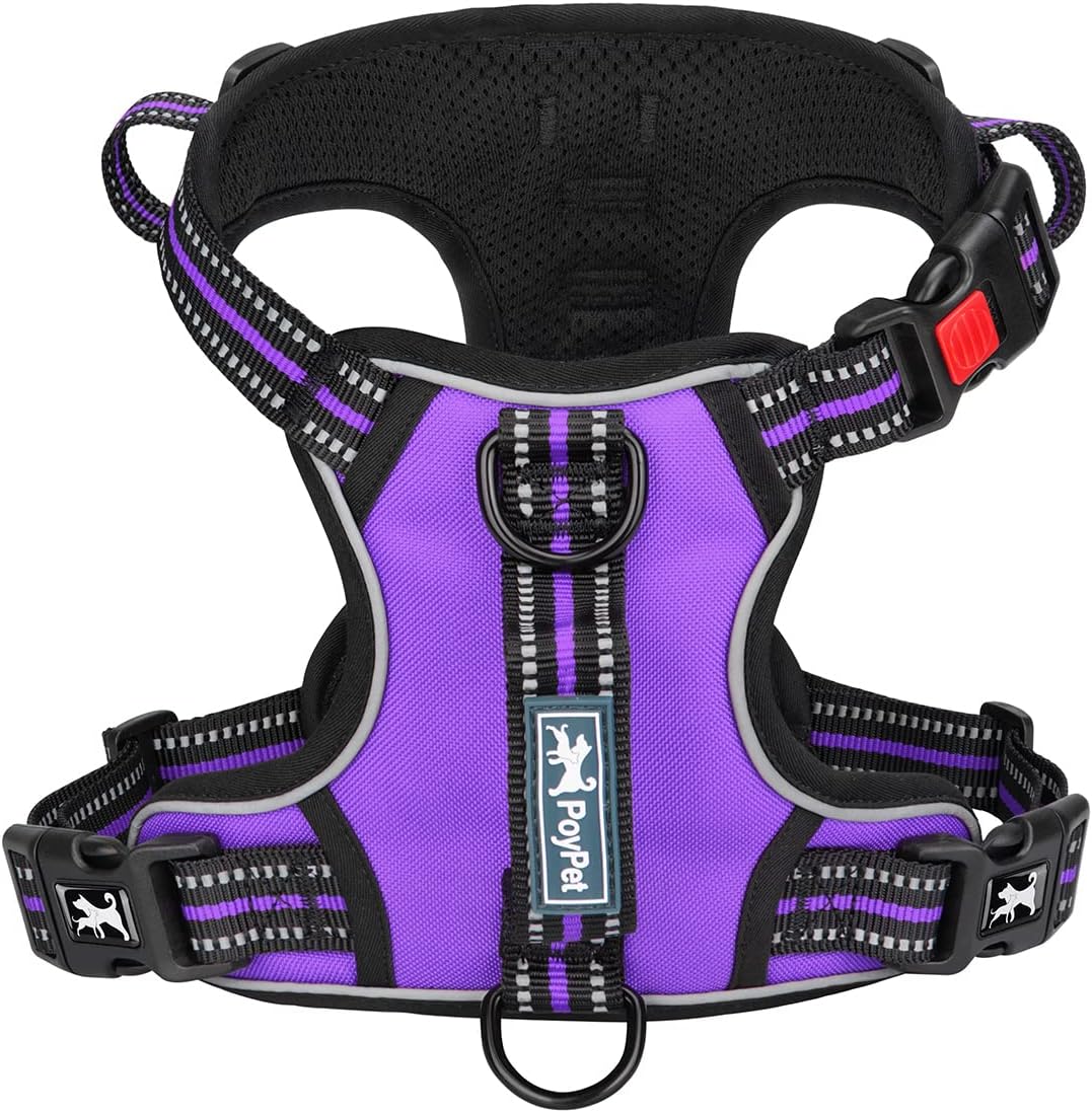 PoyPet No Pull Dog Harness, No Choke Front Clip Reflective Dog Vest with Soft Padded Vertical Handle, 3 Leash Attachments for Small Medium Large Dogs (Purple,L)