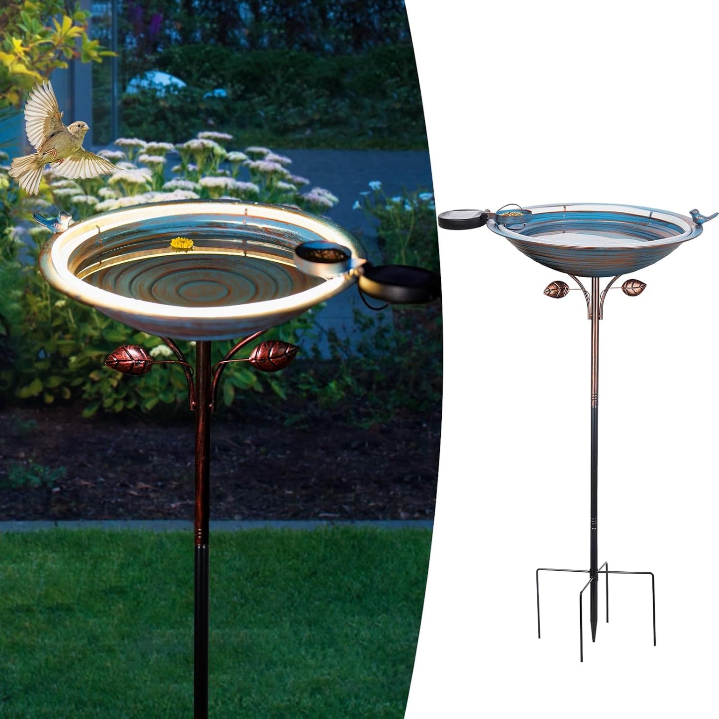 Metal Bird Bath with Stake, Large Standing Birdbath with Solar Light, 39" Tall Bird Bath & Feeder with 15" Bowl & Decorative Cast Iron Bird for Outside Garden Patio Yard Decor