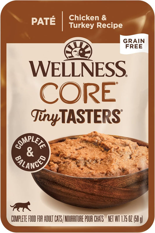 Wellness CORE Tiny Tasters Pate Adult Wet Cat Food, Natural, Protein-Rich, Grain Free, 1.75 Ounce Pouch, 12 Pack (Chicken & Turkey)