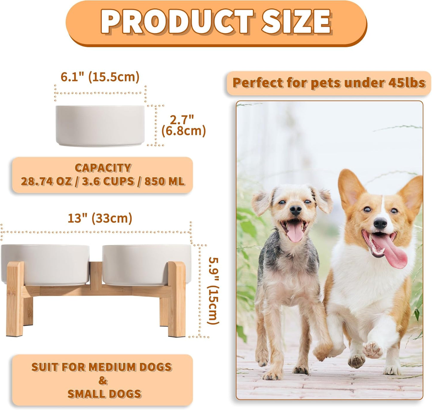 Elevated Ceramic Dog Bowl Set - Raised Dog Bowls with Non-Slip Bamboo Stand - Dog Food and Water Bowl Set - Double Dog Feeding Bowls - Suitable for Small and Medium Dogs - 28.74 OZ - 3.6 CUPS - 850 ML