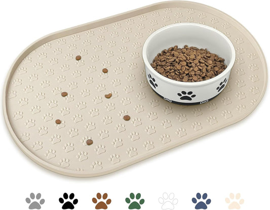 KPWACD Pet Feeding Mat for Dogs and Cats, Silicone Dog Placemat Non-Slip Waterproof Bowl Mats Prevent Food and Water Overflow, High-Lips Puppy Dish Tray Mat Suitable for Large Medium Small Pets, Beige