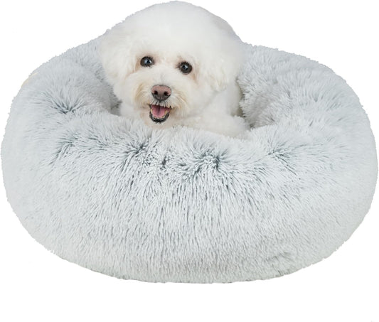 Best Pet Supplies Round Donut Dog Bed with Plush Faux Fur Fabric, Calming, Anti-Anxiety Cushion for Indoor Pets, Slip-Resistant Base, Soft Ergonomic Support - Light Warm Gray, 27x27x7.5''