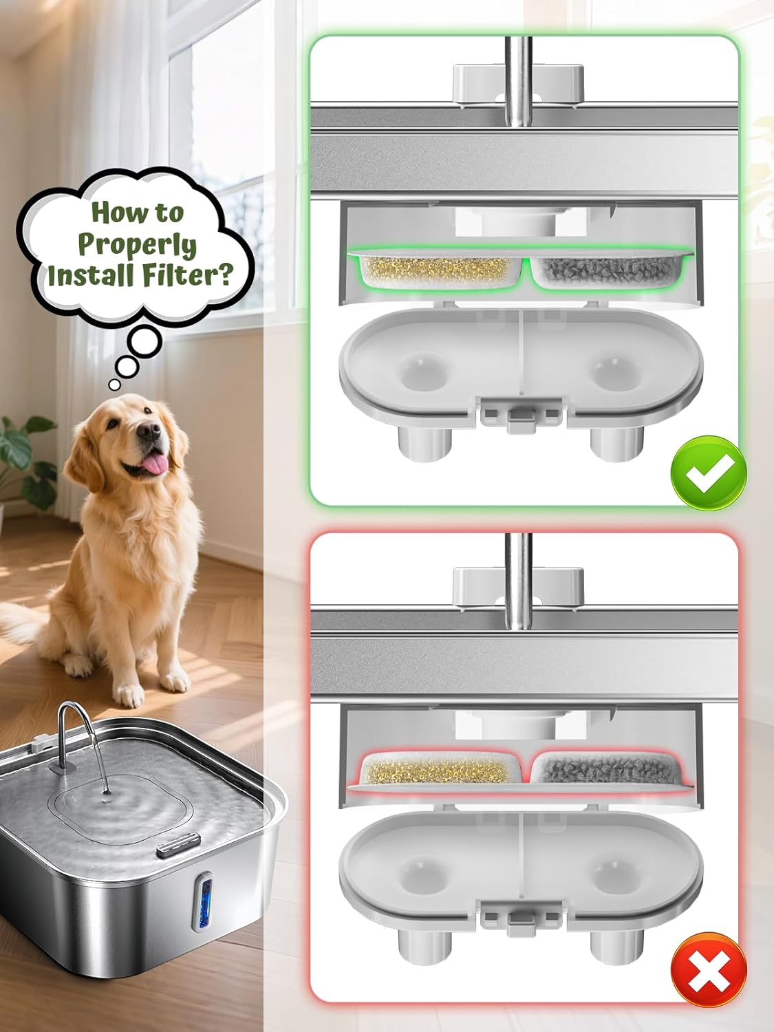 Large Dog Water Fountain 14L/3.7Gal, Stainless Steel Pet Fountain for Large Dogs and Multi-Pets, with Window & Extra Wide Drinking Area, Square Design Enlarges Capacity & Saves Space (Filters)