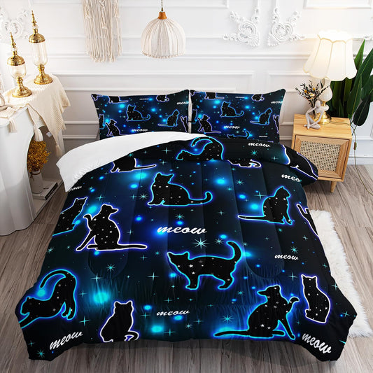 Kawaii Pet Cat Comforter 3Pcs Full Gradient Line Cute Kitten Animal Bedding Set for Kids Teens Girls Boys Cat Glitter Polka Dots Pattern Quilt Bed Decor with 1 Comforter and 2 Pillowcases