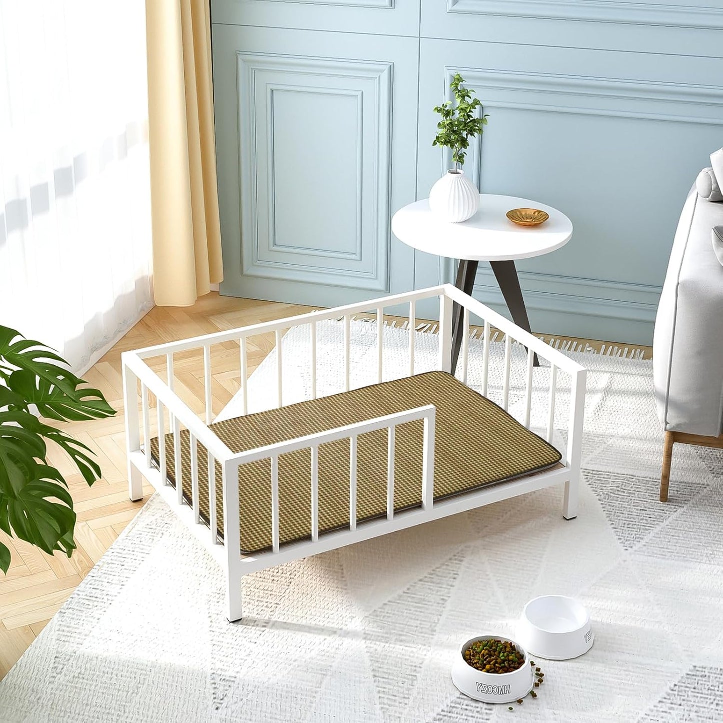 Dog Bed with Rails - Elevated Pet Metal Bed Frame with Solid Wood Board and Washable Soft Mat for Medium Dog Indoor or Outdoor Use, 25.2" x 37.8", White