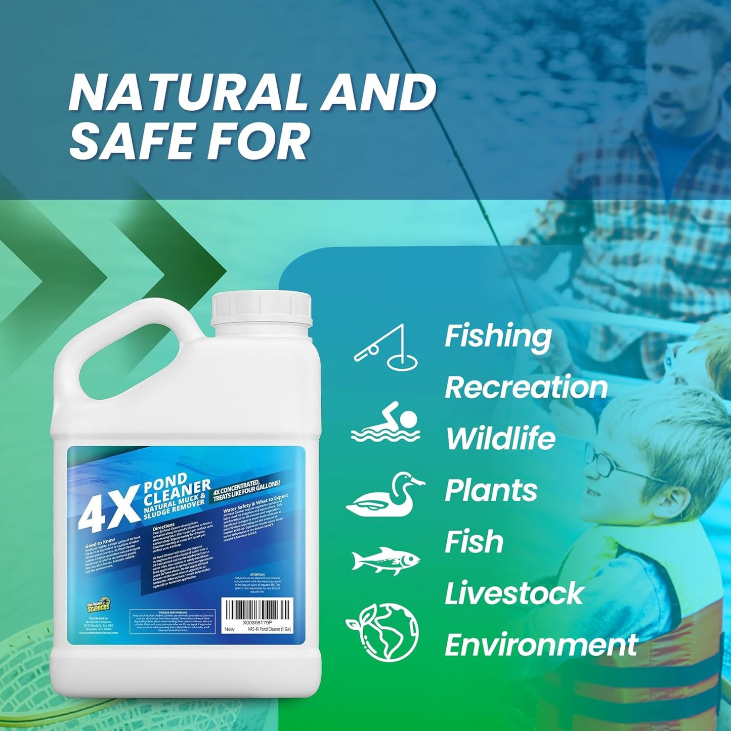 1 Gallon 4X Pond Cleaner - Treats Like 4 Gallons & Covers 4 Acres - Pond Cleaner for Outdoor Ponds, Pond Muck and Sludge Remover for a Clean, Natural Look, Ideal Pond Clarifier for Outdoor Ponds