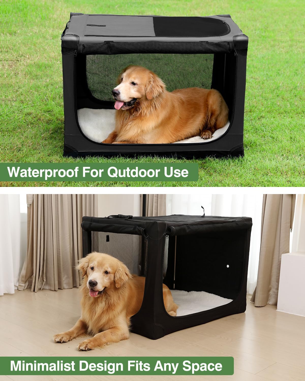 24 Inch Collapsible Travel Dog Crate for Medium Large Dogs, Portable Dog Crate 4-Door Foldable Soft Kennel with Durable Mesh Windows for Indoor & Outdoor Travel, with Storage Bag,Black