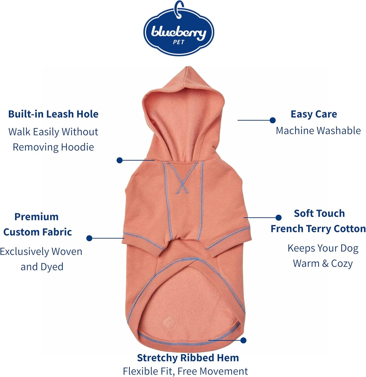 Blueberry Pet Essentials Dog Hoodie – 10 inch, Cotton‑Blend Sweatshirt with Hood, Coral, Machine‑Washable Small‑Dog Jersey