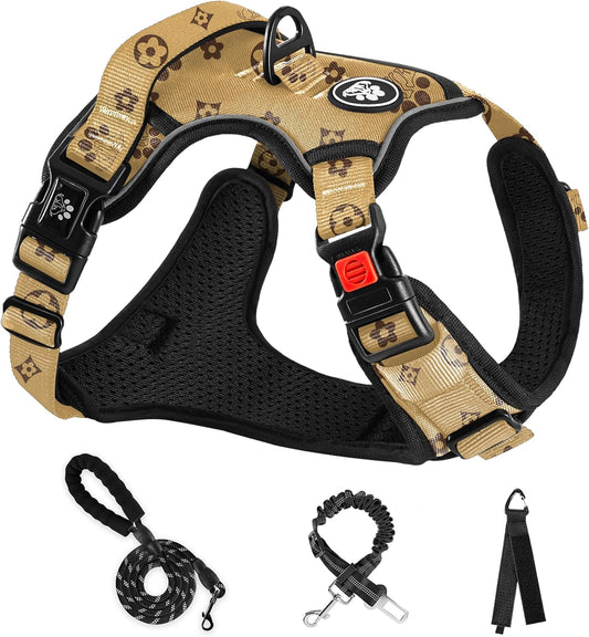 NESTROAD No Pull Dog Harness,Adjustable Oxford Dog Vest Harness with Leash,Reflective No-Choke Pet Harness with Easy Control Soft Handle for Large Dogs(X-Large,Light Brown)