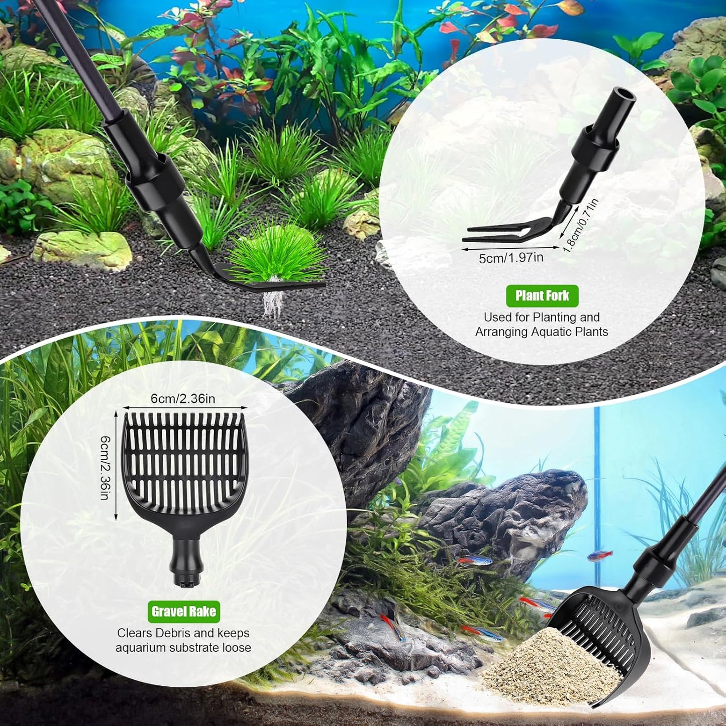 AQQA Aquarium Cleaning Tools Multifunctional 6-in-1 Fish Tank Cleaning Kits with Telesopic Handle Alage Scraper Sponge Scrubber Stiff Brush Plant Fork Gravel Rake Fish Net