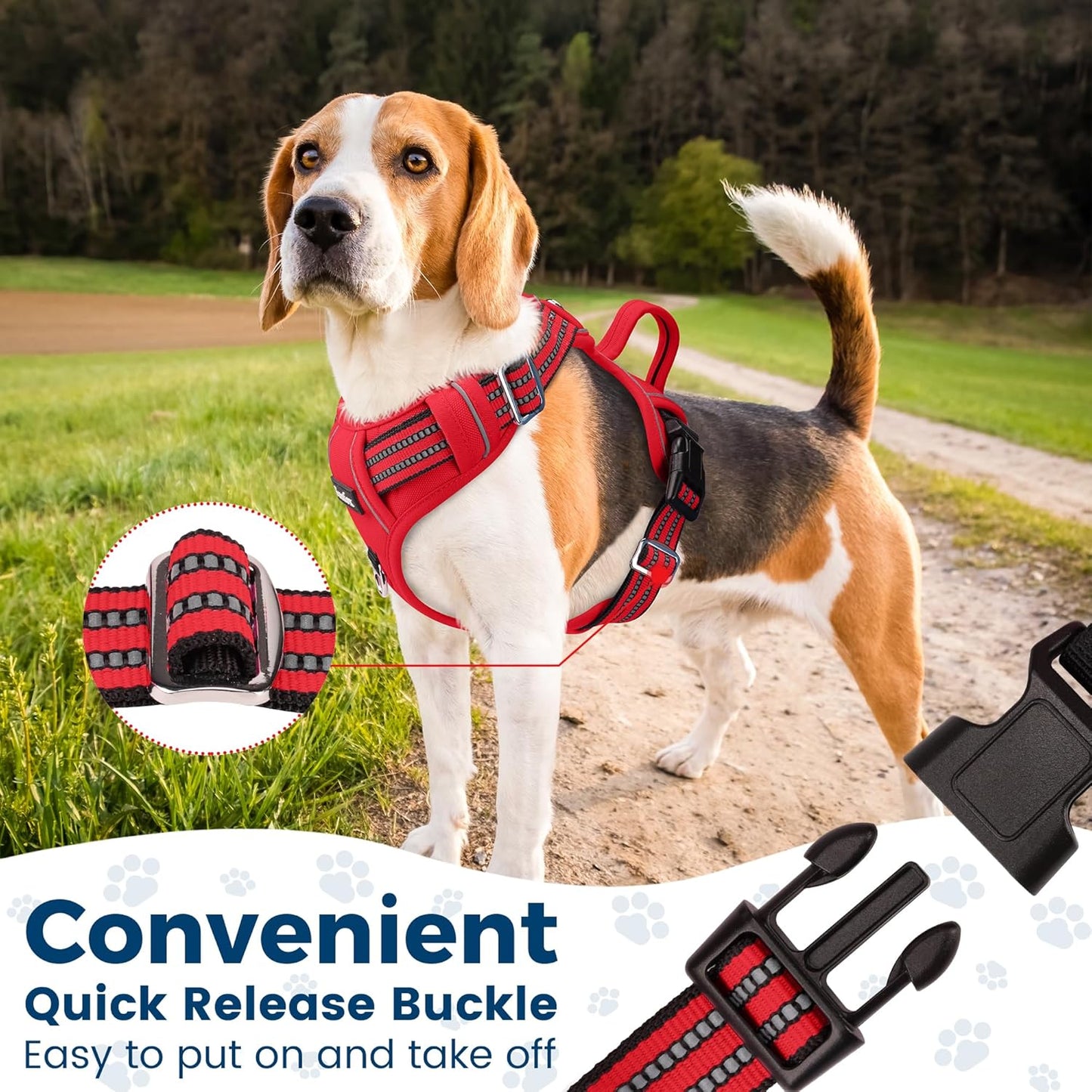 Funfox Dog Harness No Pull, Adjustable Pet Vest Harness, Super Soft Material with Vertical Handle Easy Control, Reflective Night Walking, 2 Leash Clips for XLarge Dogs, Red, XL