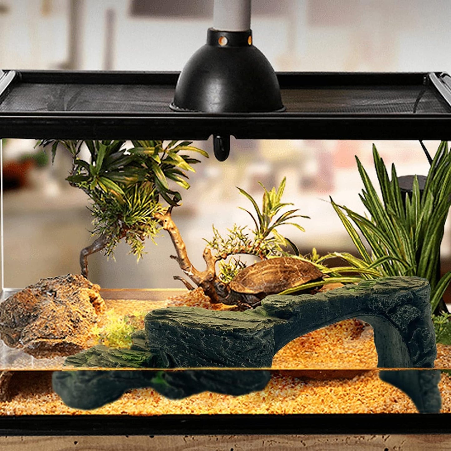 Resin Turtle Basking Platform,Turtles Rock Dock Climbing Ramp Cave Hideout Decor Reptile Terrariums Resting Terrace Stone Habitat Decoration for Small Lizards, Frogs, Snakes,Chameleon