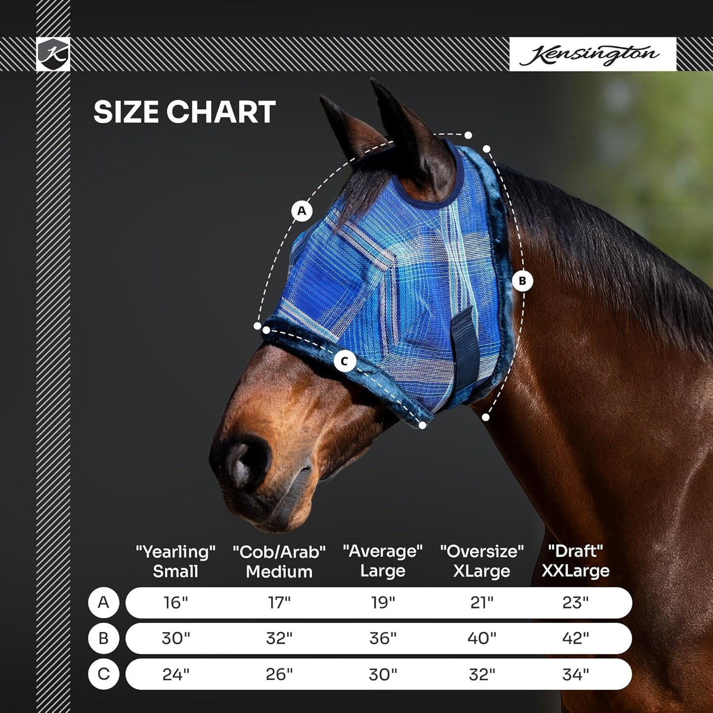 Kensington UV Fly Mask with Fleece Trim - Protective Mask with Dual Ear Opening & Forelock Freedom - Large, Atlantis