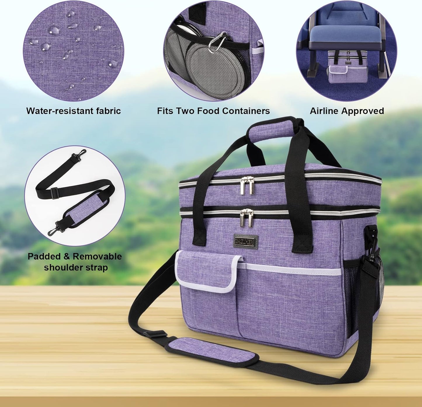 BAGLHER Dog Travel Bag for Supplies - Double-Layer Airline Approved Weekend Pet Travel Organizer Set for Dog and Cat Tote with 2 Pet Food Containers and 2 Collapsible Silicone Bowls Purple