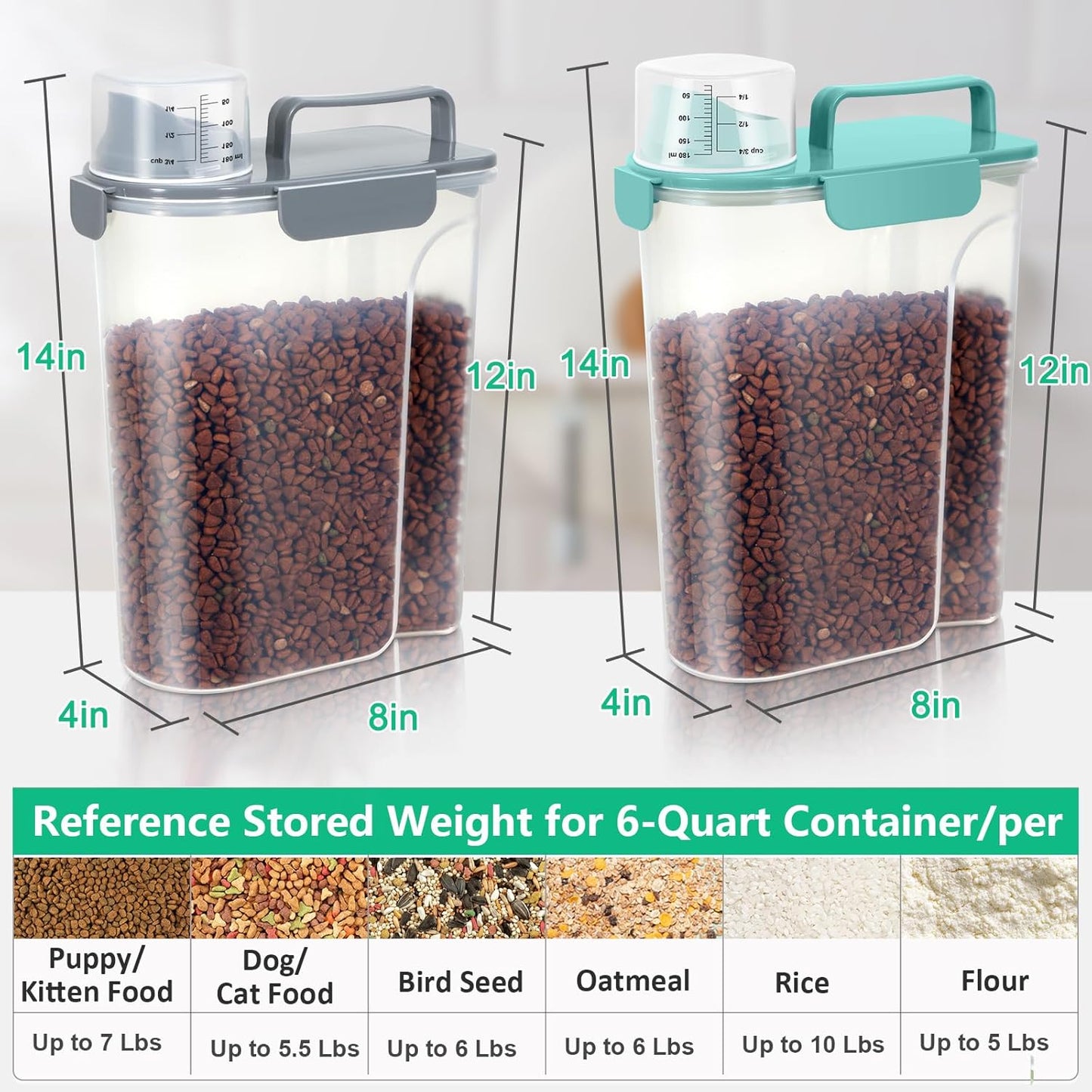 TBMax Pet Dog Cat Food Storage Containers 2 Pack 10 to 14 Lbs, Airtight Cat Food Dispenser with Large Spout & Portable Handle, Travel Dog Treat Storage Bin Bird Seed Container-Cyan+Dark