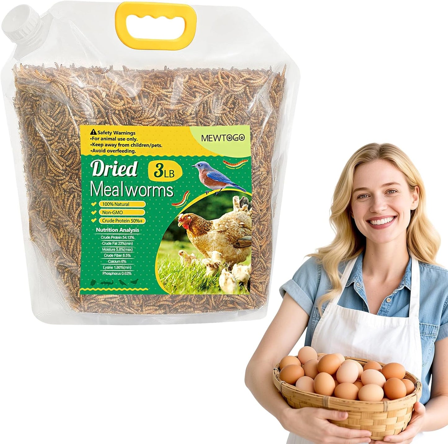 Mealworms Chicken Treats 3 Lbs with Handle Packing, High-Protein Promote Egg Production, Natural Chicken Feed for Laying Hens Wild Birds Ducks