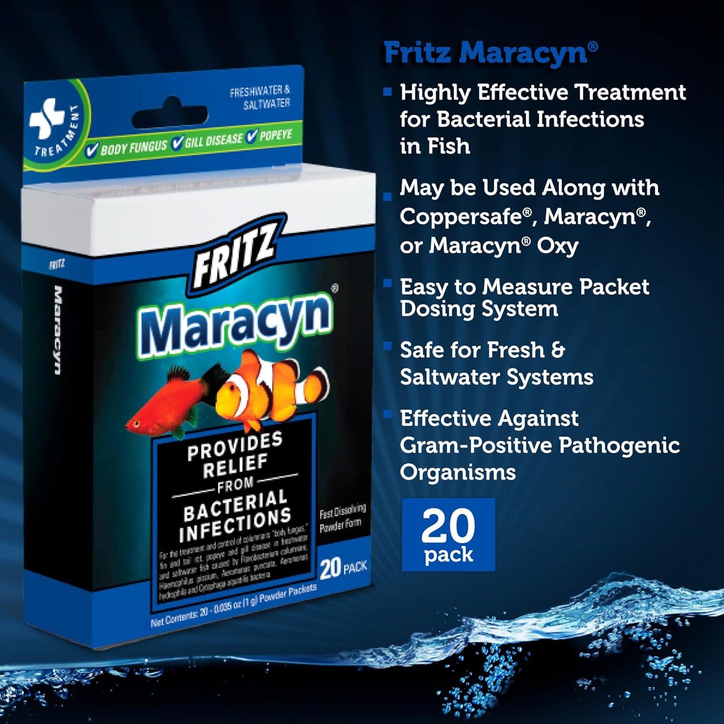 Fritz Maracyn - for Saltwater and Freshwater gram-Positive Relief from Bacterial gil, Popeye, More - Easy dose Packets, 20 Count