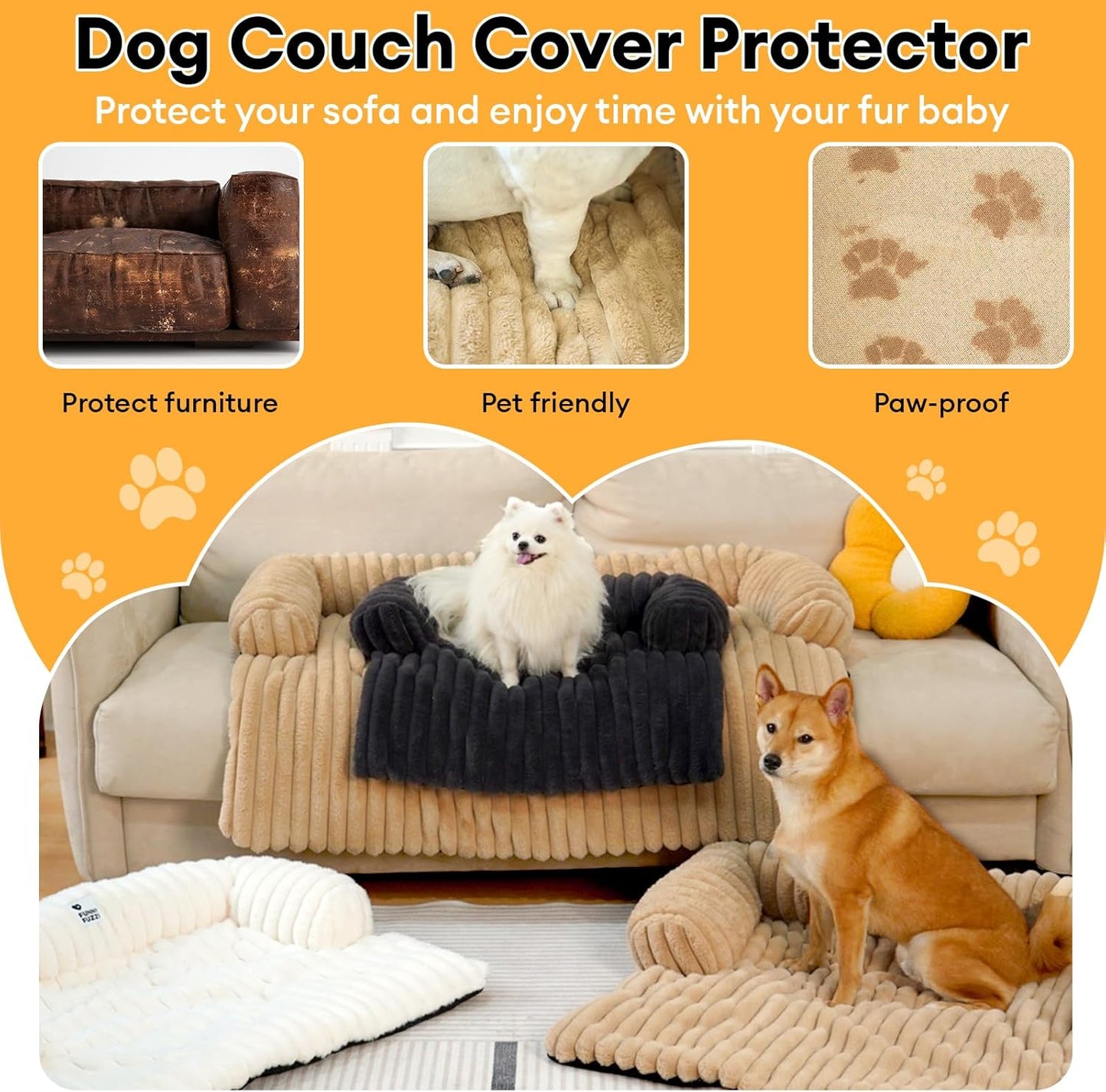 FUNNY FUZZY Pet Couch Cover for Sofa, Calming Dog Bed for Couch, Fluffy Plush Cat Bed Mat for Furniture Protector for Small Dogs and Kitten, 27×24 in, Cream White