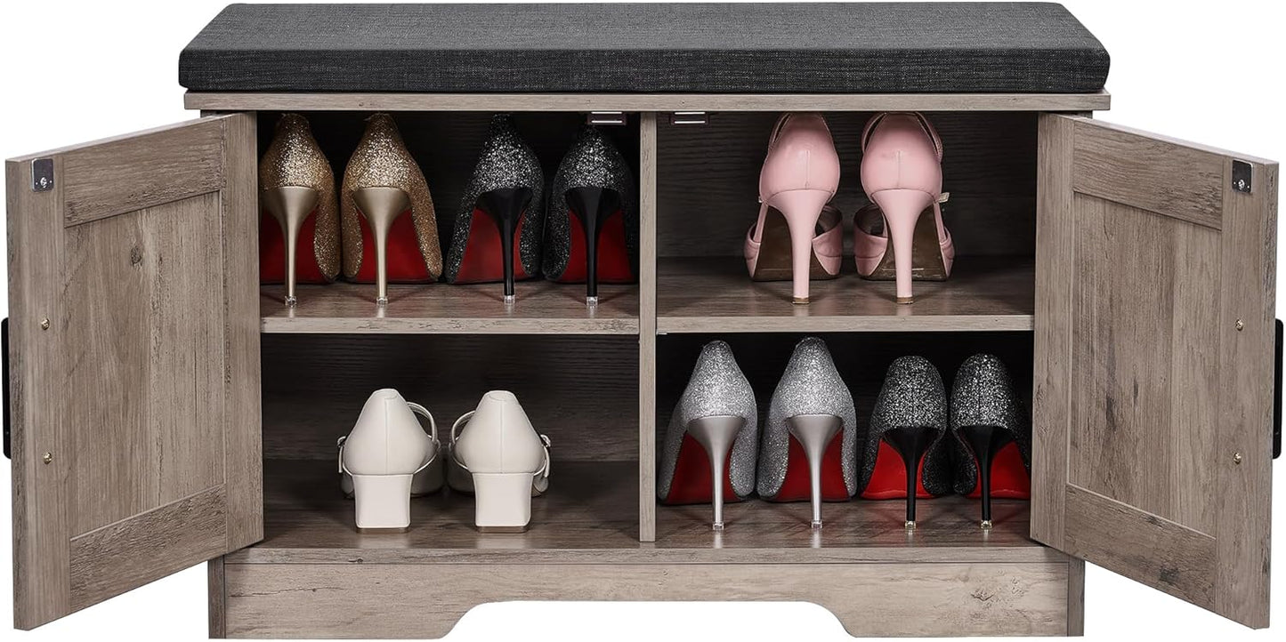 2-Tier Storage Bench, Shoe Bench with Padded Seat Cushion, Entryway Bench with 2 Barn Doors, Adjustable Shelf, 13.8" D x 27.6" W x 17.7" H, for Entryway, Living Room, Bedroom, Greige