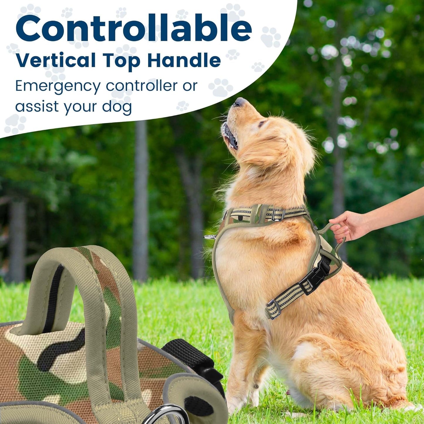 Funfox Dog Harness No Pull, Adjustable Pet Vest Harness, Super Soft Material with Vertical Handle Easy Control, Reflective Night Walking, 2 Leash Clips for Large Dogs, Camo Green, L