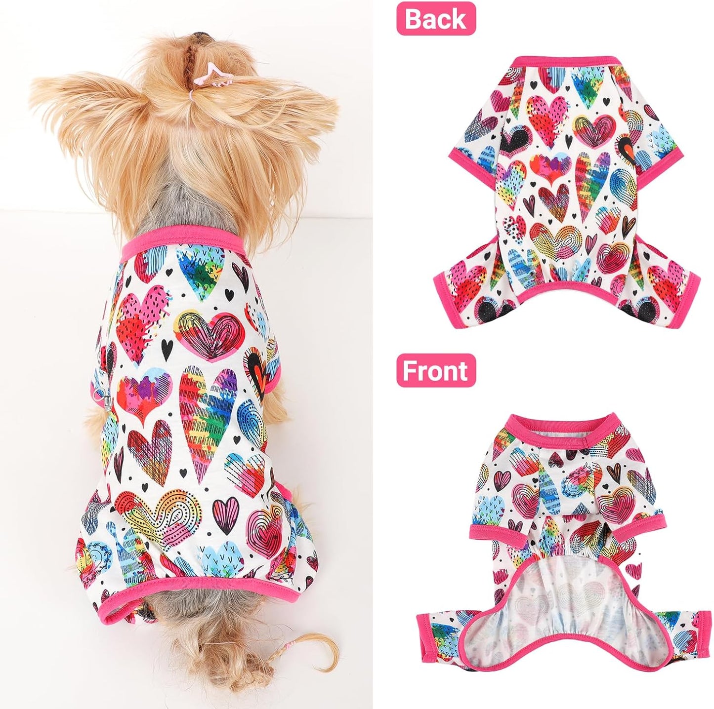 Dog Pajamas Small Sized Dogs Stretchable Summer Dog Clothes Pjs 4 Legs Girl Boy Cute Soft Puppy Outfits Doggie Cat Jammies Jumpsuit Sleeper for Pet (Love Heart, Small)