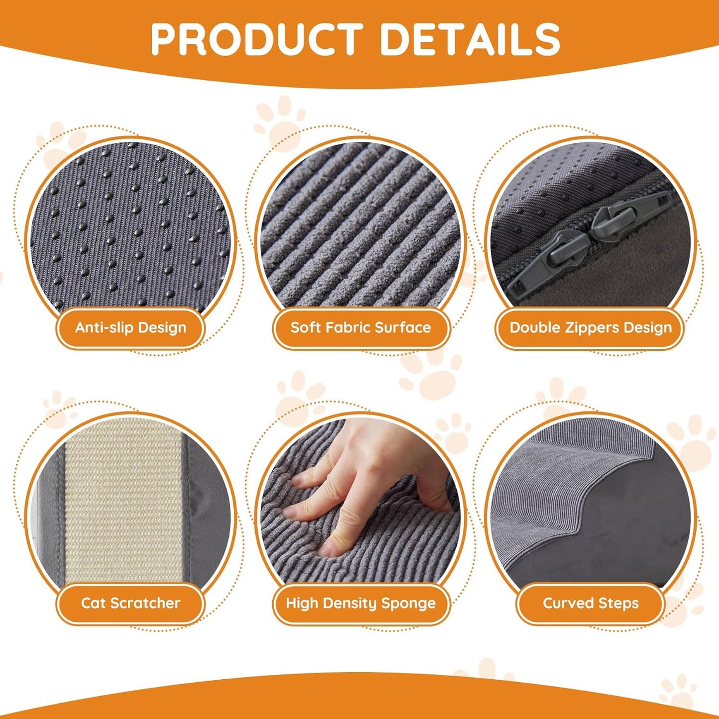 Pet Stairs, Dog Stairs for Small Dogs, Dogs Steps, 5-Step Curved Dog Ramp for Bed, Couch, Sofa, Car and Chairs, Non-Slip Bottom Design, Cat Scratching Board, High Density Foam Portable Pet Step, Grey