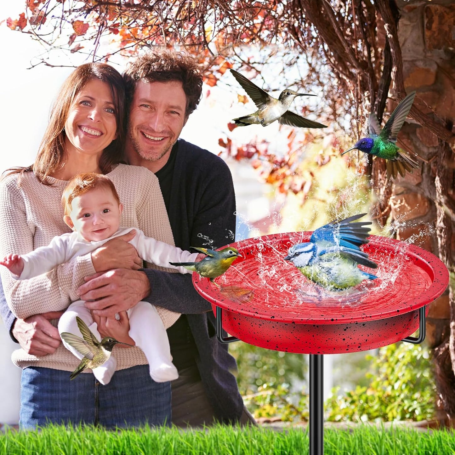 40In Metal Bird Bath for Outside, Freestanding Garden Birdbaths Bowl Bird Feeder, Detachable Decoration Spa Birdfeeder for Outdoor Garden Patio Yard Lawn (Red)