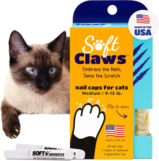 Soft Claws Cat Nail Caps for Medium Cats – (40 Caps, Clear) - Made in USA - Veterinarian-Developed | Protects Furniture & Skin - Easy to Apply, Long-Lasting Anti-Scratch Soft Cat Claw Covers