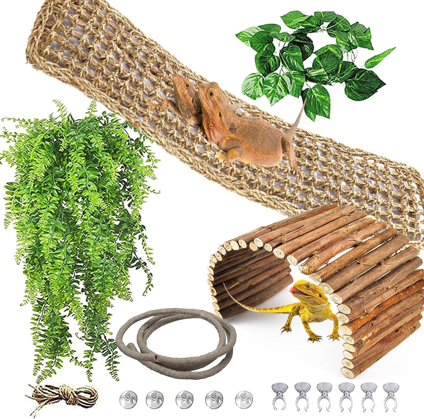 kathson Reptile Hideout Wooden Bridge Bearded Dragon Hammock Reptiles Jungle Climbing Vines Flexible Leaves Bearded Dragon Accessories for Lizard Gecko Chameleon Snake Hamster(5 Pcs)
