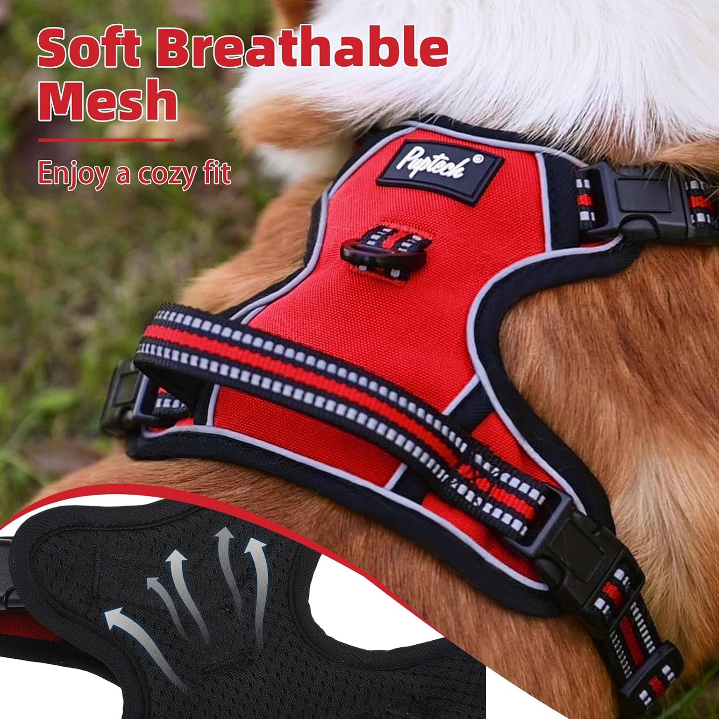 PUPTECK No Pull Dog Harness Small Sized, Adjustable Reflective Dog Harness with Handle Easy Control, Comfortable Soft Padded Pet Vest Harness for Small Dogs, Red S