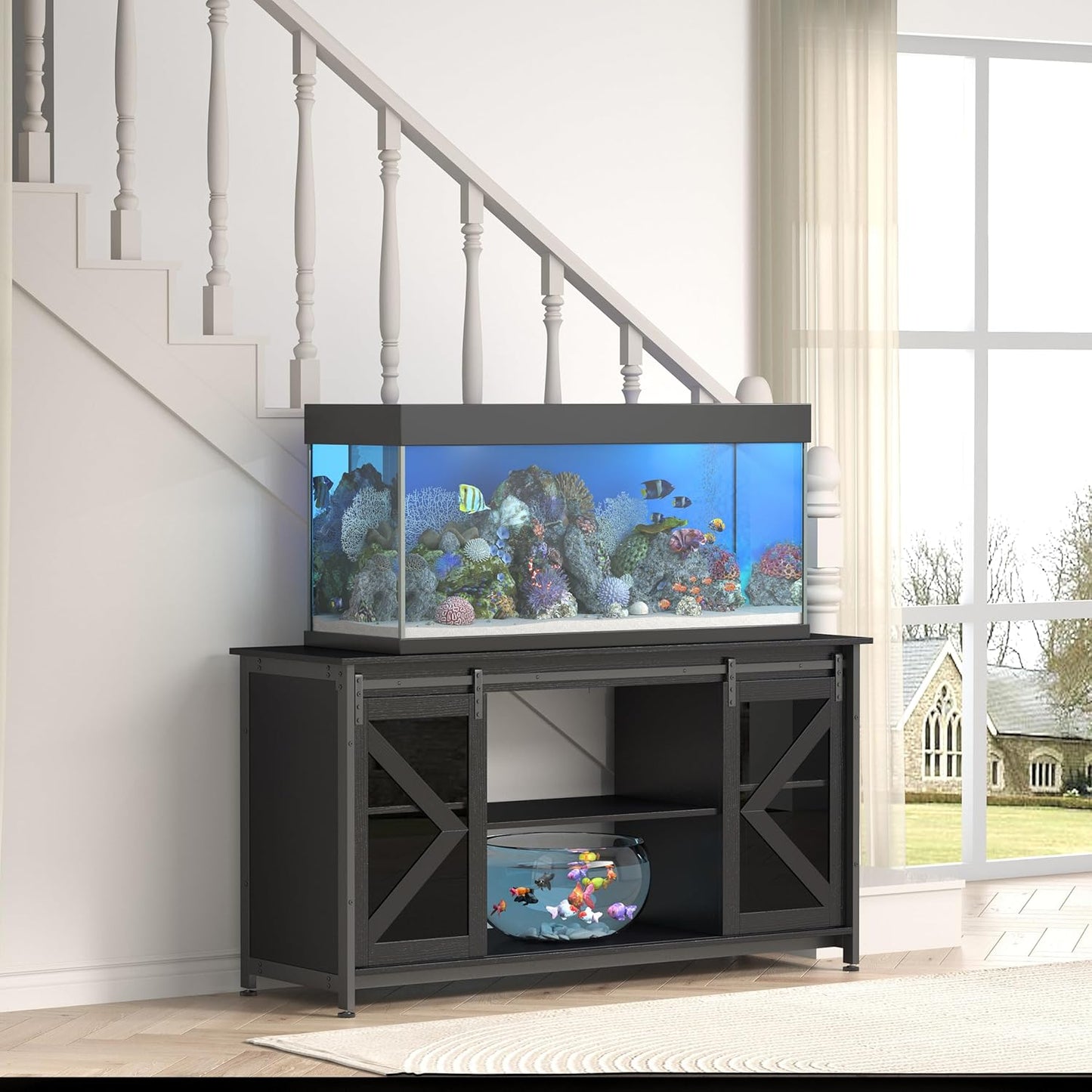 55-75 Gallon Aquarium Stand Heavy Duty Steel Frame, Fish Tank Cabinet with Accessories Storage for Reptile Terrarium & Turtle Tank - 1000lbs Capacity (Black)