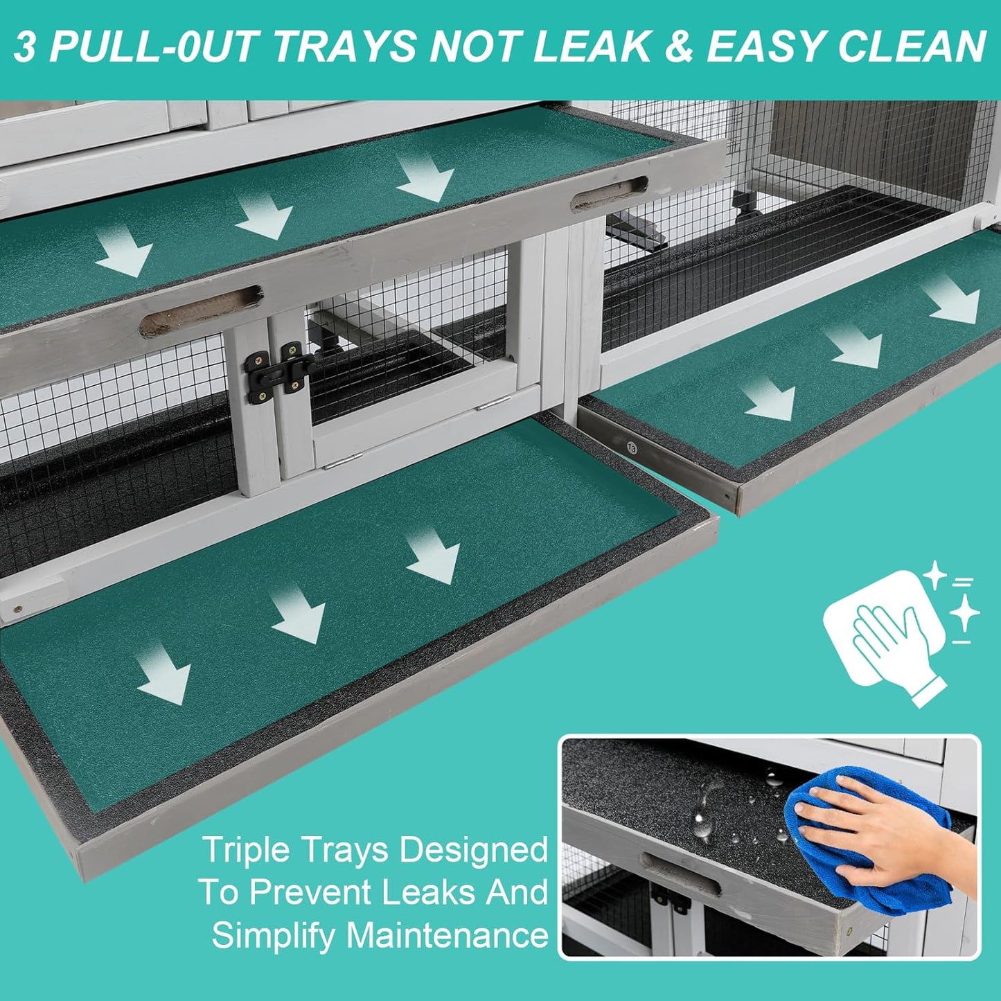 2-Tier Rabbit Hutch with Wheels, Indoor & Outdoor Small Animal Cage with Deep Pull-Out Tray, Anti-Chew Frame, Habitat for Bunny, Guinea Pig, Chinchilla (60" L x 19" W x 35" H)
