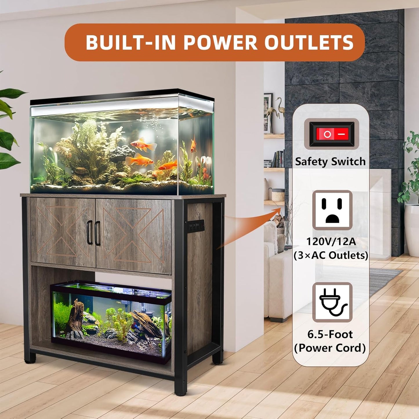 40 Gallon Aquarium Stand with Cabinet & Power Outlets, Heavy Duty Metal Stand for 40-50 Gallon Breeder & Turtle Tanks, Double Terrarium Stand, 660LBS Capacity, Grey