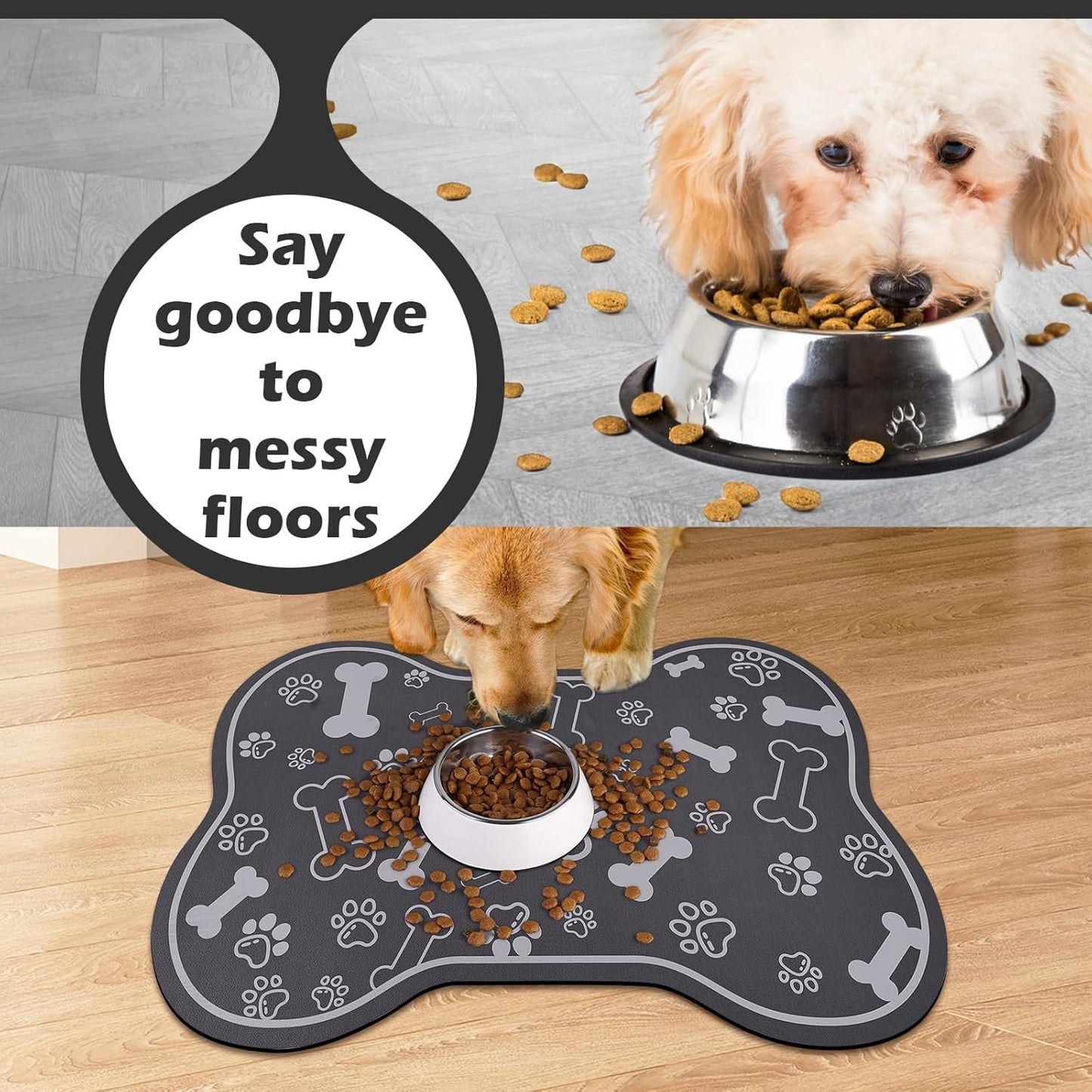 Dog Cat Food Mat,Rapid Absorbent Pet Feeding Mat, Bone Shaped Dog Placemat Water Bowl Mat with Rubber Backing,No Stains Dog Cat Food Mats Indoor, Pet Accessories Supplies 16"×24" Dark Grey