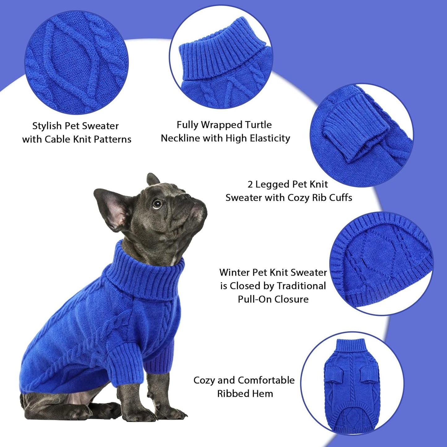 Queenmore Small Dog Pullover Sweater, Cold Weather Cable Knitwear, Classic Turtleneck Thick Warm Clothes for Chihuahua, Bulldog, Dachshund, Pug (Royal Blue, Small)