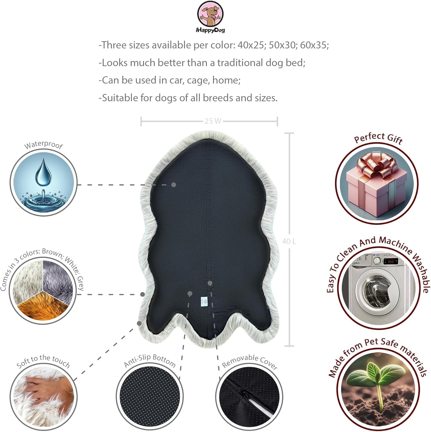 IHAPPYDOG Luxury Faux Fur Orthopedic Dog Bed, Memory Foam Dog Bed for Small, Medium, Large and XL Pets, Fluffy Pet Bed with Waterproof and Washable Cover (Grey, 40"x25")