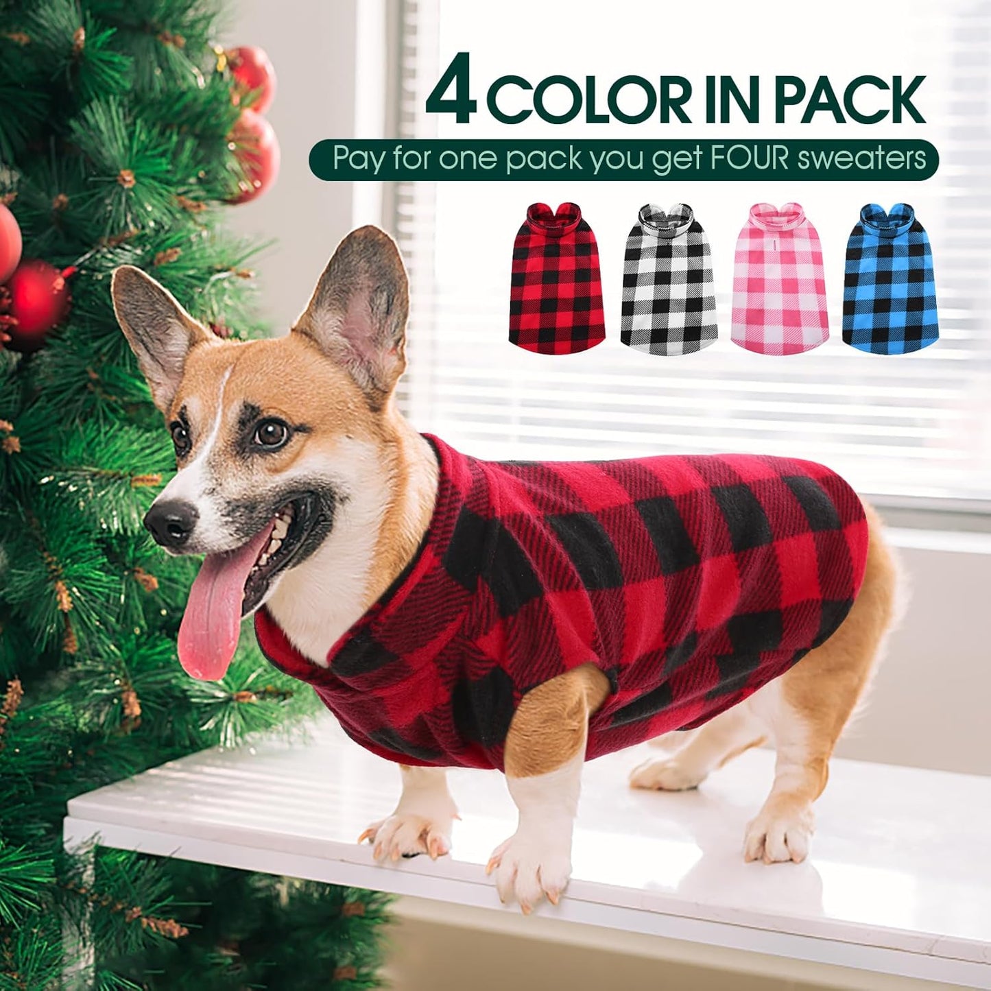 Kuoser 4 Pack Dog Fleece Vest,Warm Plaid Dog Sweater with Leash Hole,Soft Turtleneck Winter Pet Jacket Dogs Coat Pullover for Small Medium Dogs Cats,Spring Fall Cold Weather Christmas Outfit, XS