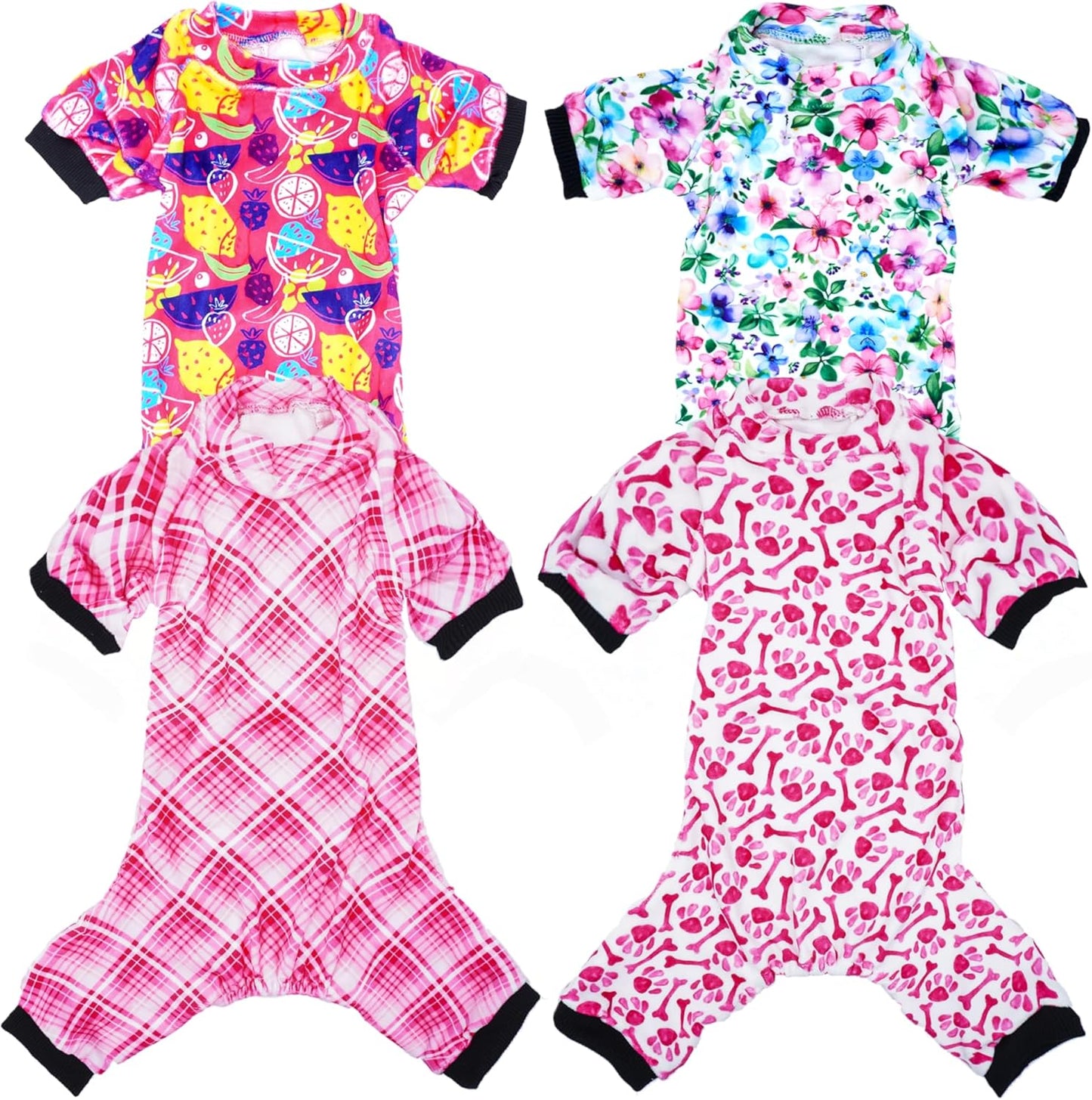 PET SHOW 4 Pack Small Dog Pajamas Cute Paw Bone Clothes for Medium Dogs Soft Stretchy PJs Plaid Jumpsuit Puppy Floral Fruits Onesies Outfits with Sleeve Pets Dachshund Costume(XXL, Pink for Girls)