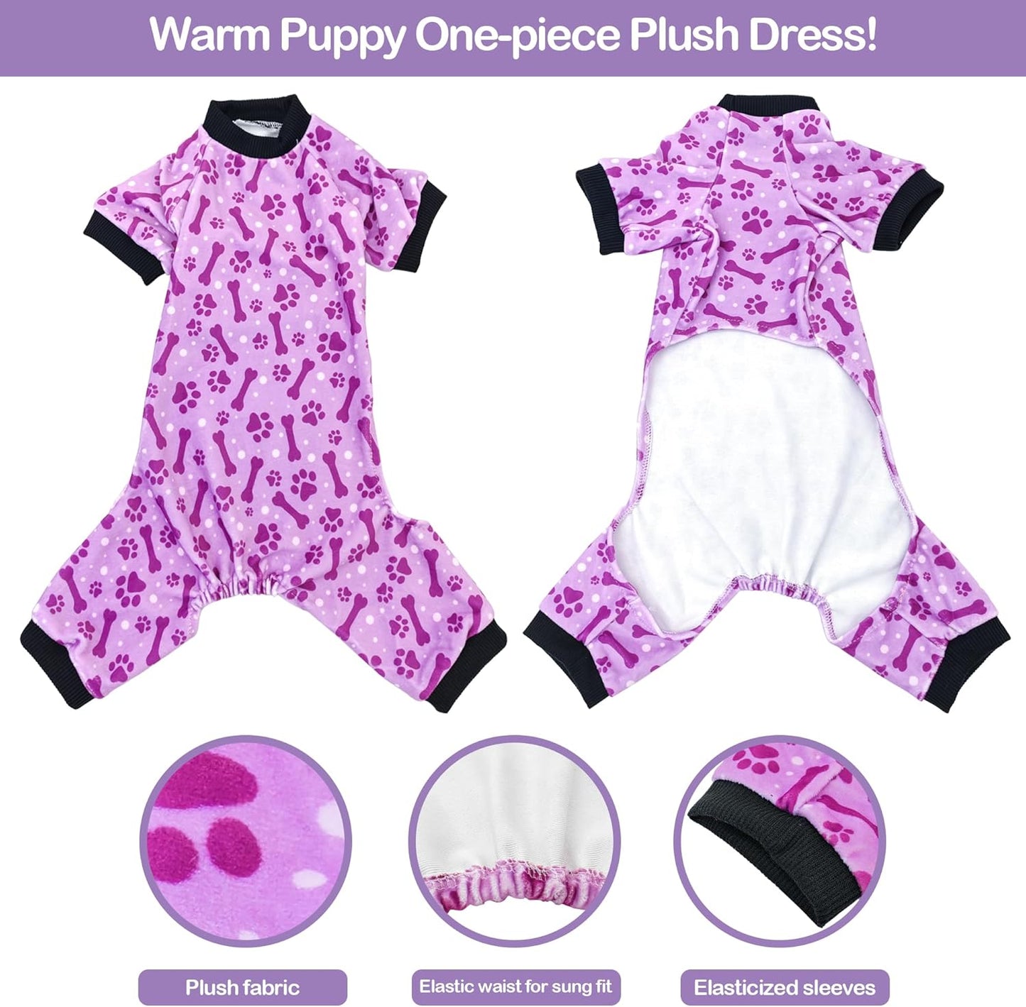 PET SHOW 4 Pack Small Dog Pajamas Paw Bone Patterns Cute Clothes for Medium Dogs Soft Fleece Stretchy PJs 4 Legged Jumpsuit Puppy Cats Onesies Outfits with Sleeve Dachshund Doggies Girl Boy (X-Small)