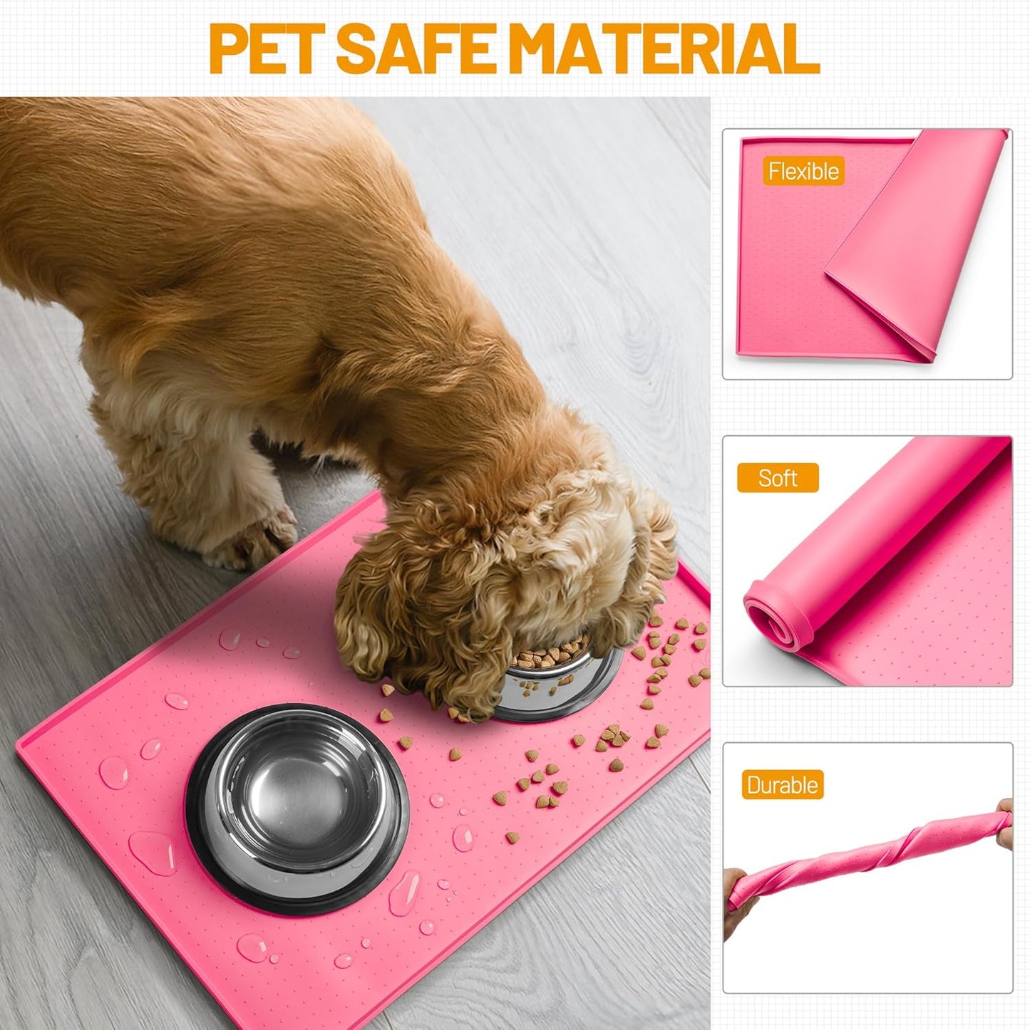 Hubulk Dog Feeding Mat,100% Waterproof Food Grade Silicone Pet Food and Water Bowl Placemat,Dishwasher, High Raised Edge to Prevent Spills,Nonslip Tray to Stop Messes on Floor (32"x24"x1.0", Pink)