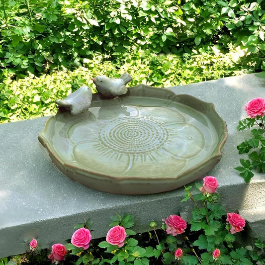 Ceramic Bird Bath for Outside, Resin Birdbath Bowl with Vintage Ornament,Ground Feeders Bird Bath Feeding Bowl for Outdoors, Garden Deck, Balcony,Yard, Lawn.