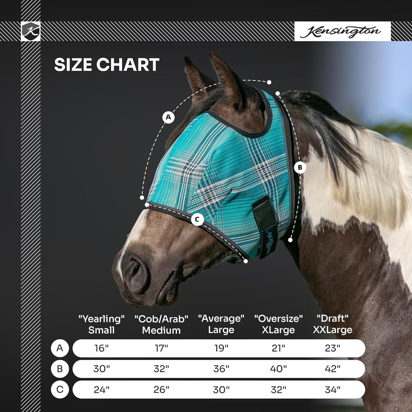 Kensington Fly Mask Web Trim Protects Horses Face and Eyes from Bites and Sun Rays While Allowing Full Visibility Ears and Forelock Able to Come Through The Mask, XXL-Draft, Atlantis