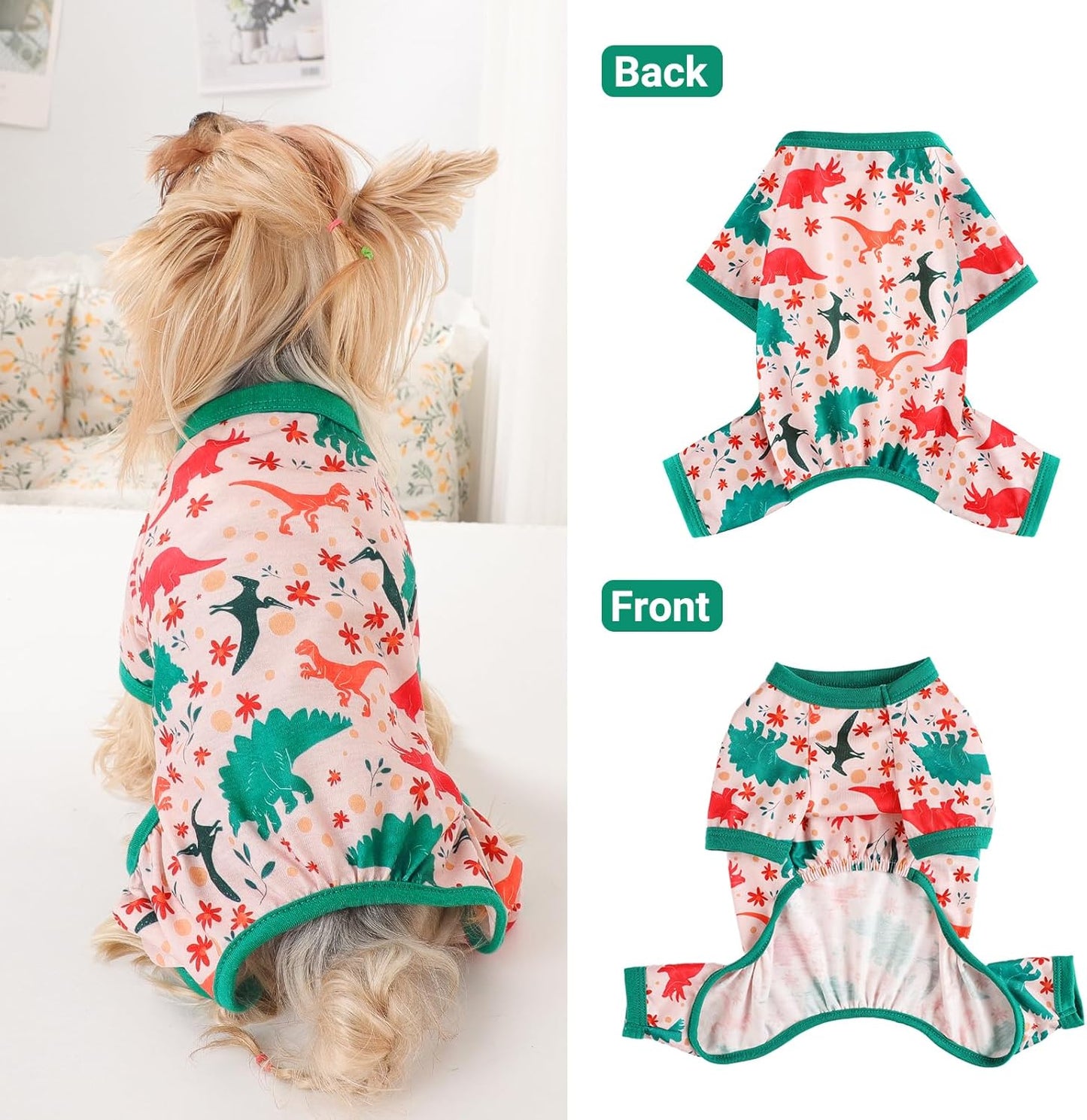 Dog Pajamas Small Sized Dogs Stretchable Summer Dog Clothes Pjs 4 Legs Girl Boy Cute Soft Puppy Outfits Doggie Cat Jammies Jumpsuit Sleeper for Pet, Dinosaur, L