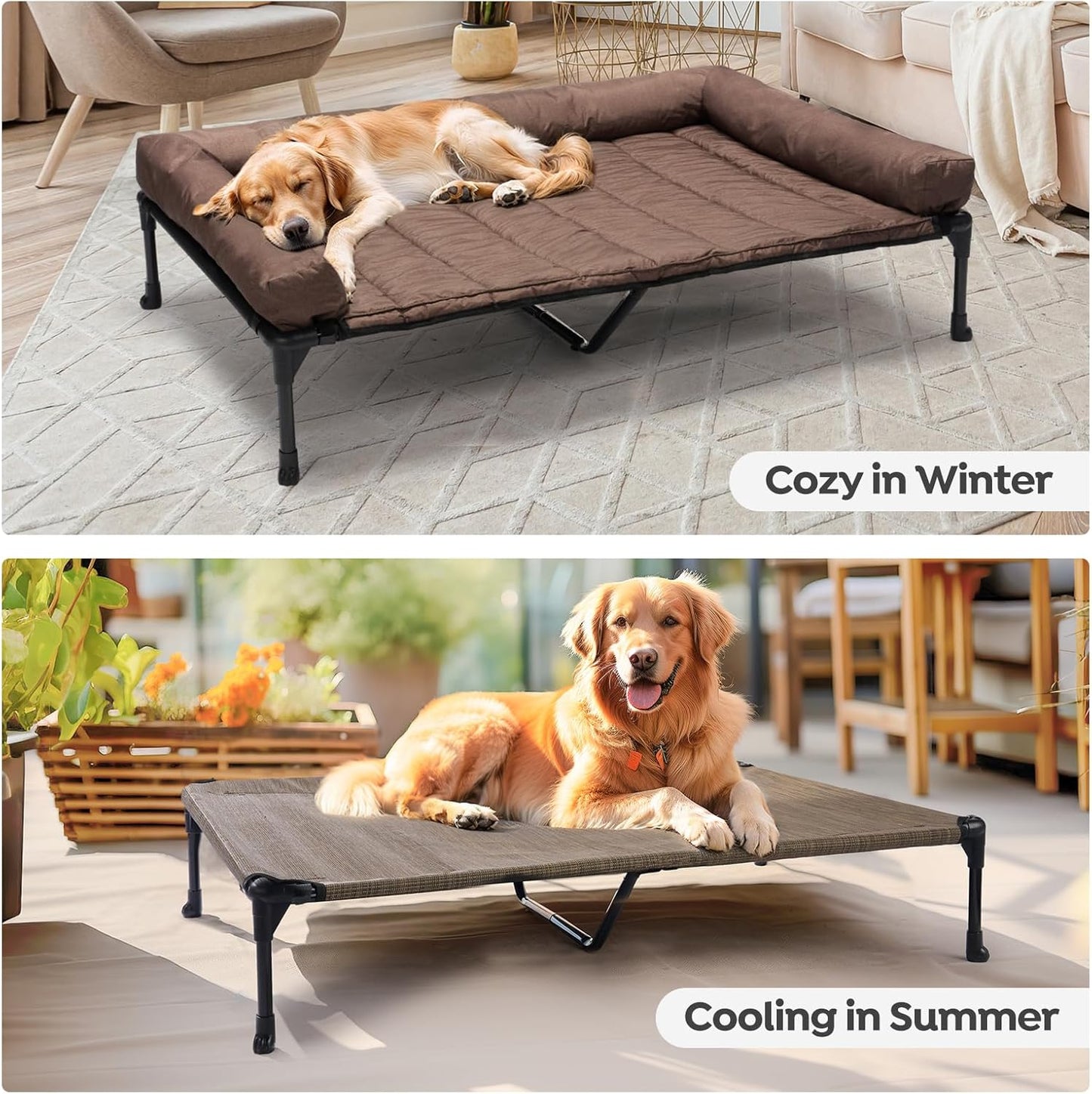 Veehoo Cooling Elevated Dog Bed Add Removable Waterproof Bolster Cushion Mat, Raised Pet Cot with Breathable Teslin Mesh, No-Slip Feet, Dog Sofa Bed for Indoor Outdoor, XLarge, Brown CWC2331B