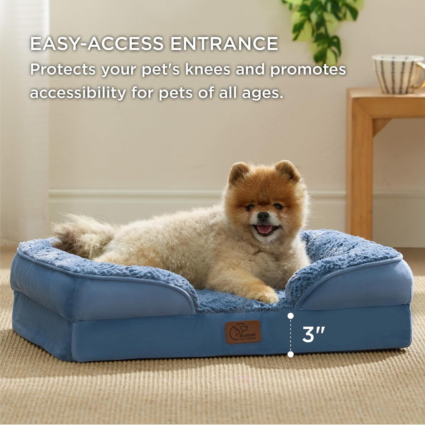 Bedsure Orthopedic Dog Beds for Small Dogs - Washable Small Dog Cat Bed Waterproof, Comfort Pet Couch Sofa with Washable Removable Cover, Pets Bed with Nonskid Bottom, Plush-Blue, 24"