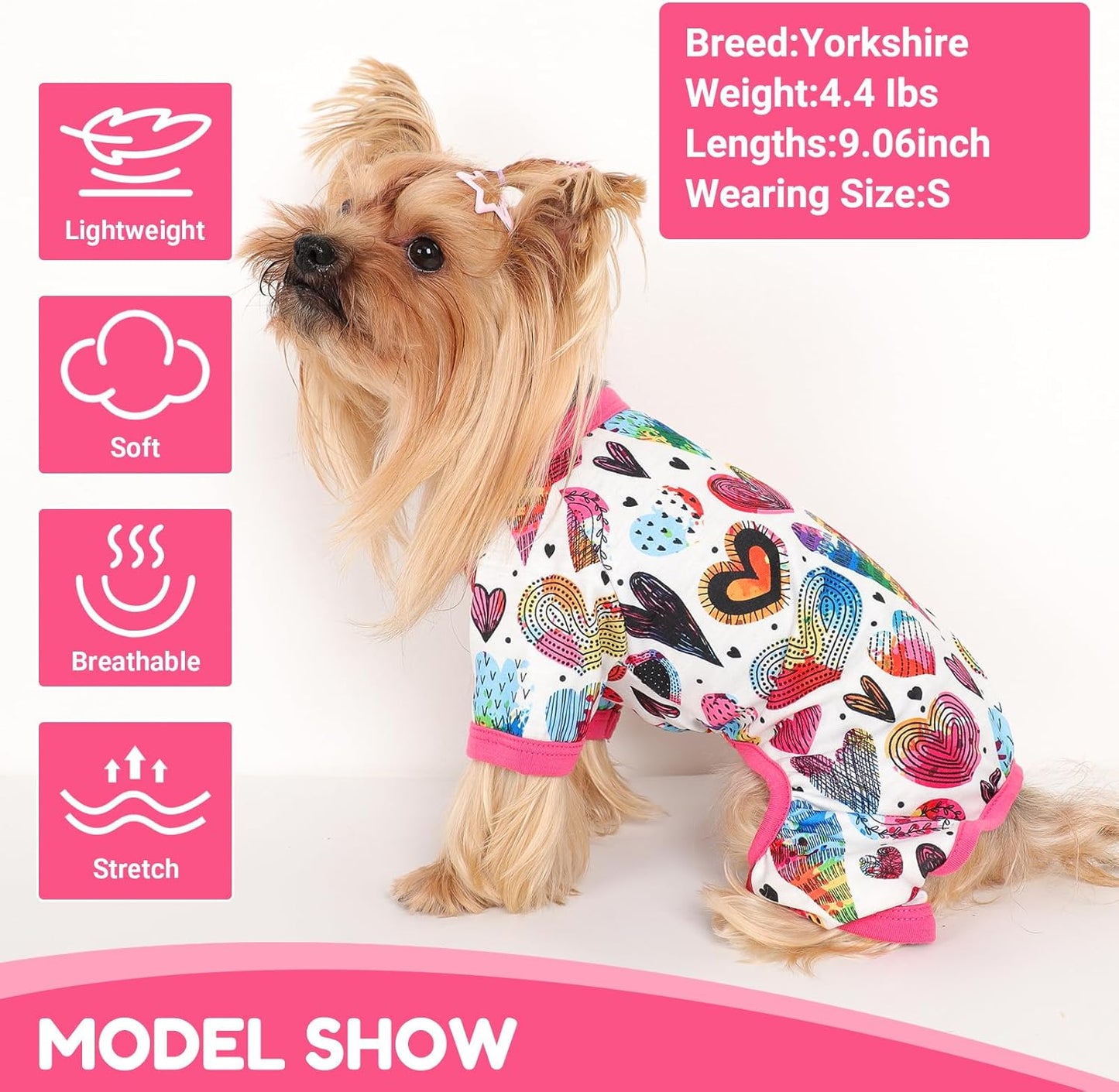 Dog Pajamas Small Sized Dogs Stretchable Summer Dog Clothes Pjs 4 Legs Girl Boy Cute Soft Puppy Outfits Doggie Cat Jammies Jumpsuit Sleeper for Pet (Love Heart, Small)