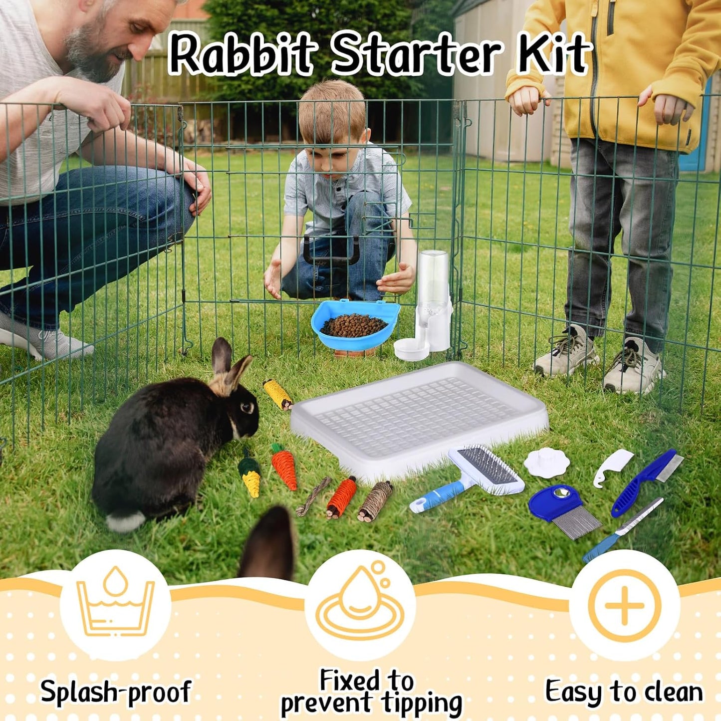 19 Pcs Rabbit Starter Kit Small Bunny Litter Box Animal Grooming Kit Water Bottle Bunny Toys Hay Feeder Bowl Blankets with Cleaning Set for Guinea Pig Rabbit Accessories (White)