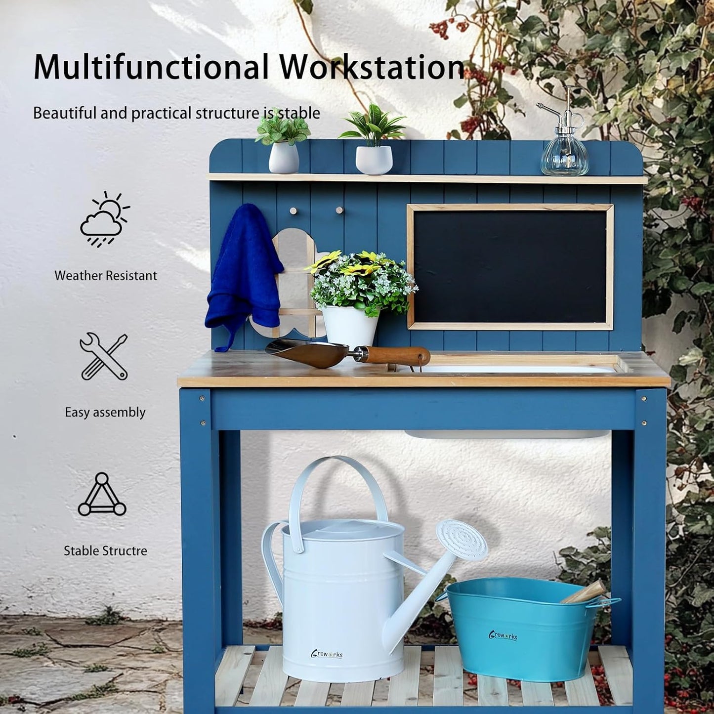 Kids Potting Bench Table Garden Workbench Outdoor Kids Garden Double-Layer Planting Table with Drawing Board Removable Sink,Wood Outdoor Play Kitchen for Toddlers,Backyard and Porch Blue